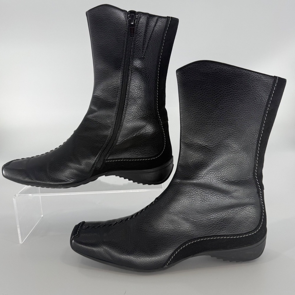 Paul Green Black Leather Suede Square Toe Mid-Calf Boots Size 6 Made in Austria